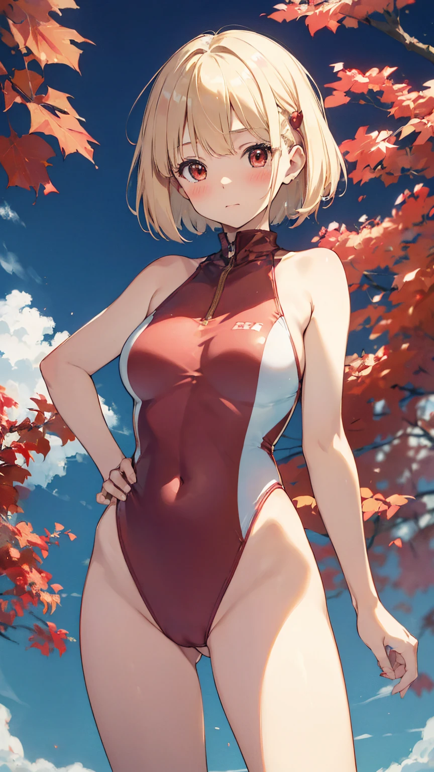 Chisato Nishikigi、Good looking girl (Short blonde hair with square bangs, Big Red Eyes,blush, Embarrassed、Perfect Face、Transparent swimsuit), independent ,  (Big Ass)、Spreading her legs、masterpiece, Anime art style, Cute Characters, Most detailed, high quality