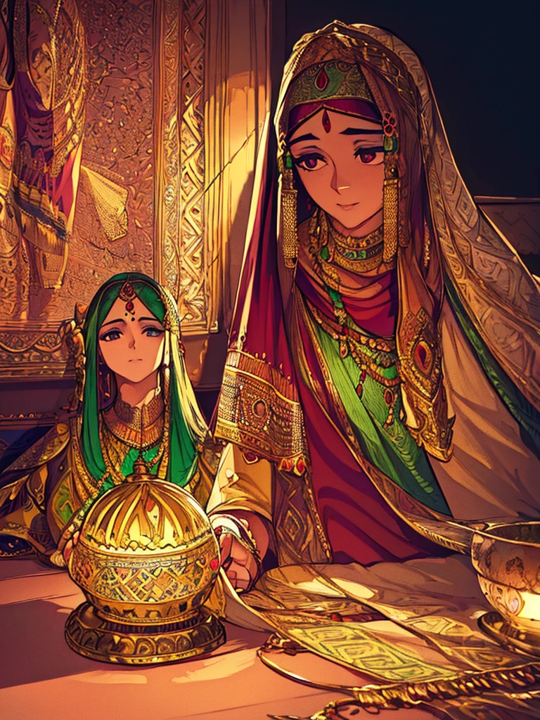 a muslim couple in traditional bangladeshi clothing, detailed facial features, beautiful ornate sari, kurta and shawl, intricate jewelry, serene expression, warm lighting, atmospheric setting, (best quality,4k,8k,highres,masterpiece:1.2),ultra-detailed,(realistic,photorealistic,photo-realistic:1.37),cinematic,portrait photography,vibrant colors,dramatic lighting