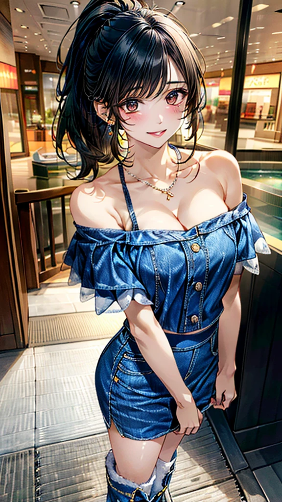 (masterpiece:1.3, Highest quality, Ultra-high resolution:1.2, Super detailed、8K), (Realistic, photoRealistic:1.4), Beautiful illustrations, Perfect lighting, colorful, Depth of written boundary, Beautiful detailed hair, Beautifully detailed face, Beautiful fine details, Droopy eyes、Beautiful clavicle, Beautiful body, 美しいLarge Breasts, Beautiful thighs, Beautiful feet, Beautiful fingers, View Viewer、Front view:0.6, Beauty1人, Japanese, Beauty、30 years old, Perfect Face, (Perfect Anatomy, Anatomically correct), Cute and symmetrical face, Baby Face, , Shiny skin,(White off-the-shoulder blouse:1.4), ((Long denim skirt:1.5)) 、(boots:1.3)、(Black Hair, ponytail:1.4), braided bangs、Dark brown eyes, (Large Breasts, Slim body), necklace, Small earrings:1.1, (Beautiful views), (noon), Shopping mall、Are standing、 A soft smile、(Smile, Lips parted),