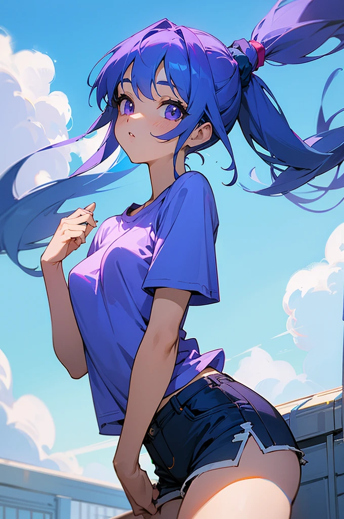 8K High Resolution、beautiful girl、Purple color、Long Hair、Blue Hair、Blue Hair、Sky blue hair、ponytail、T-Shirts、Shorts、Blue sky、summer、bright