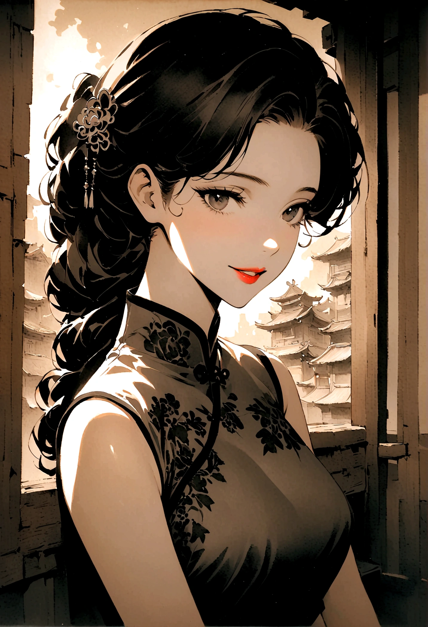 vintage风格, 1940s, 1 girl, Solitary, monochrome, Hair accessories, Cheongsam, a traditional Chinese costume, curls, traditional media, Bangs, cosmetic, Black Hair, Lipstick, Lace gloves, sleeveless, Ancient buildings, Wooden construction, vintage, Nostalgia, Elegant Posture, Smile, Shadows and Highlights,微妙的vintage颗粒。