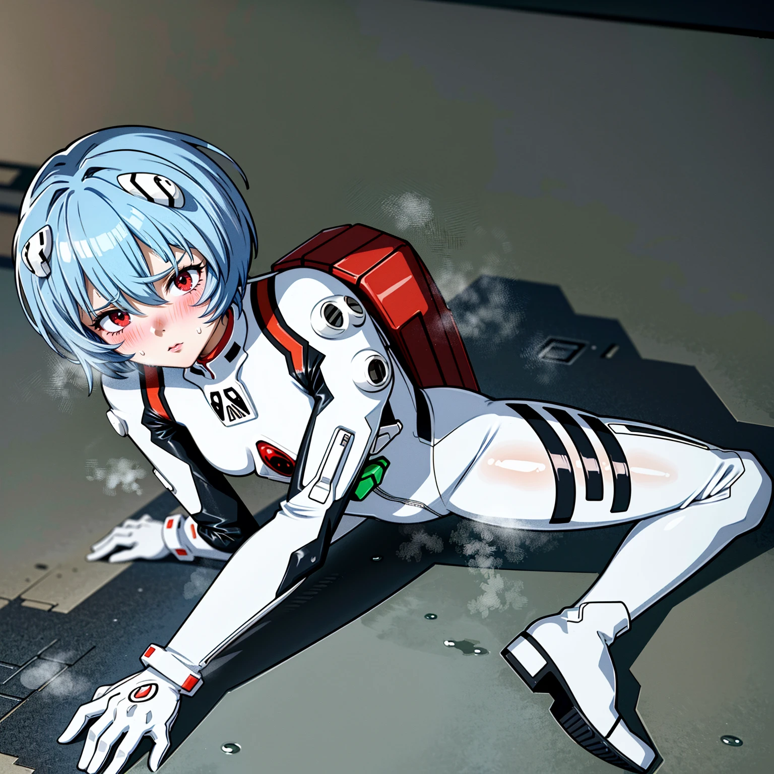 ((Highest quality, 8k wallpaper)),(masterpiece, Highest quality),Very detailed,High resolution,(Official Art:1.3),(((Anime screenshots,Black outline))),One girl,alone, Break mer1,(Rei Ayanami {Neon Genesis Evangelion,}1.2),masterpiece, best quality, outdoor, 1girl, Solo,red eyes,short hair,blue hair, (White plug suit:1.4), skin tight,(Tired look, A look of regret, Struggled, Half-closed eyes, fear, humiliation, Frightened, anxiety:1.3),(((Covered in sweat, Mass sweat, Sweating profusely,steam:1.7))), (wariza, hands on floor, Look Up:1.8), (Dirty Costume with mud,gym storeroom:1.5)(((sweat,Sweatdrop,flying Sweatdrops, sweating profusely,wet,wet clothes,wet hair,messy hair))),
