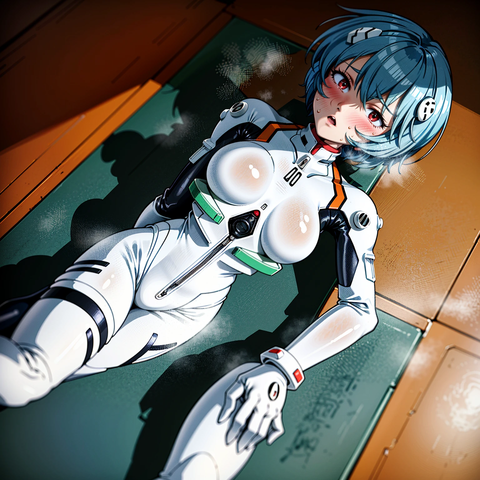 ((Highest quality, 8k wallpaper)),(masterpiece, Highest quality),Very detailed,High resolution,(Official Art:1.3),(((Anime screenshots,Black outline))),One girl,alone, Break mer1,(Rei Ayanami {Neon Genesis Evangelion,}1.2),masterpiece, best quality, outdoor, 1girl, Solo,red eyes,short hair,blue hair, (White plug suit:1.4), skin tight,(Tired look, A look of regret, Struggled, Half-closed eyes, fear, humiliation, Frightened, anxiety:1.3),(((Covered in sweat, Mass sweat, Sweating profusely,steam:1.7))), (wariza, hands on floor, Look Up:1.8), (Dirty Costume with mud,gym storeroom:1.5)(((sweat,Sweatdrop,flying Sweatdrops, sweating profusely,wet,wet clothes,wet hair,messy hair))),
