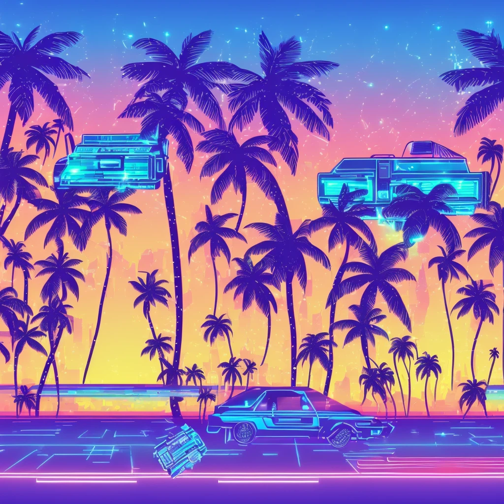 (best qualityer, high resolution, super verbose, real:1.37), FRY BEAT Tropical love advertisement with Vaporwave aesthetic style, 1 girl, 80s nostalgia, neon lights, retro colour, Retro CRT effect, glitch art, dreamy atmosphere, palm tree, SUNSET, Summer vibe, 3D rendering graphics, smooth surface, shiny metal elements, cyberpunk elements, pixel art, nostalgia digital, cassette tape, VHS tapes, Lo-Fi Music, statuesque model, glass bottle, sparkling soda, refreshing drink, Tropical paradise, futuristic font, aesthetic vision.