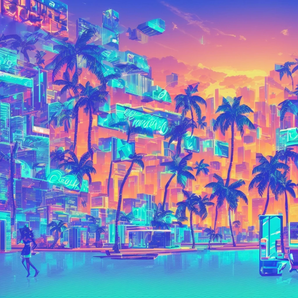 (best qualityer, high resolution, super verbose, real:1.37), FRY BEAT Tropical love advertisement with Vaporwave aesthetic style, 1 girl, 80s nostalgia, neon lights, retro colour, Retro CRT effect, glitch art, dreamy atmosphere, palm tree, SUNSET, Summer vibe, 3D rendering graphics, smooth surface, shiny metal elements, cyberpunk elements, pixel art, nostalgia digital, cassette tape, VHS tapes, Lo-Fi Music, statuesque model, glass bottle, sparkling soda, refreshing drink, Tropical paradise, futuristic font, aesthetic vision.