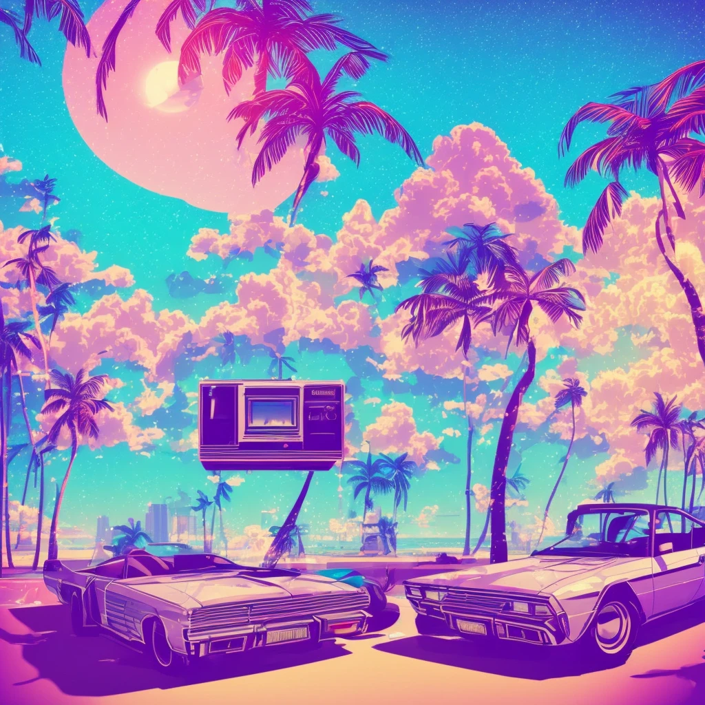 (best qualityer, high resolution, super verbose, real:1.37), FRY BEAT Tropical love advertisement with Vaporwave aesthetic style, 1 girl, 80s nostalgia, neon lights, retro colour, Retro CRT effect, glitch art, dreamy atmosphere, palm tree, SUNSET, Summer vibe, 3D rendering graphics, smooth surface, shiny metal elements, cyberpunk elements, pixel art, nostalgia digital, cassette tape, VHS tapes, Lo-Fi Music, statuesque model, glass bottle, sparkling soda, refreshing drink, Tropical paradise, futuristic font, aesthetic vision.