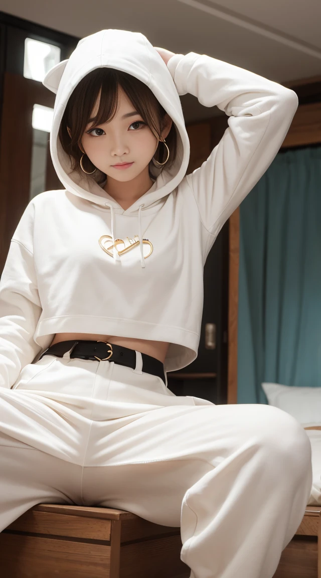 flying debris、Highest quality、An illustration、Highest quality、Understood、High resolution、8k wallpaper、Perfect dynamic composition、(((Ezvian Everywhere)))、((From below))、Beautiful and cute 20 year old girl、Beautiful face in every detail、Delicate and cute eyes、Fine skin、Red cheeks.、shy、(Semi-short hair:1.3)、(wavy blonde hair)、Small breasts、Bold sexy pose、smile、Small breasts、Between the legs、Small Ass、Thin ass、Generated on the eaves.、Narrow shoulders、wavy blonde hair、blonde、Heart-shaped earrings、smile、、Gold Bracelets、Tie your hair back、White hoodie、Deeply hooded、Loose fitting white harem pants、Baggy pants、Combat Boots