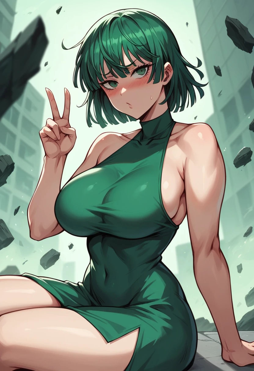 Fubuki from one punch man, deep green hair, wearing V-neck dress, sitting on a destroyed city, cinematic shadow, cinematic fog, blushing cheeks, blush expression, dynamic pose, big breast, big hips, NSFW, side view,