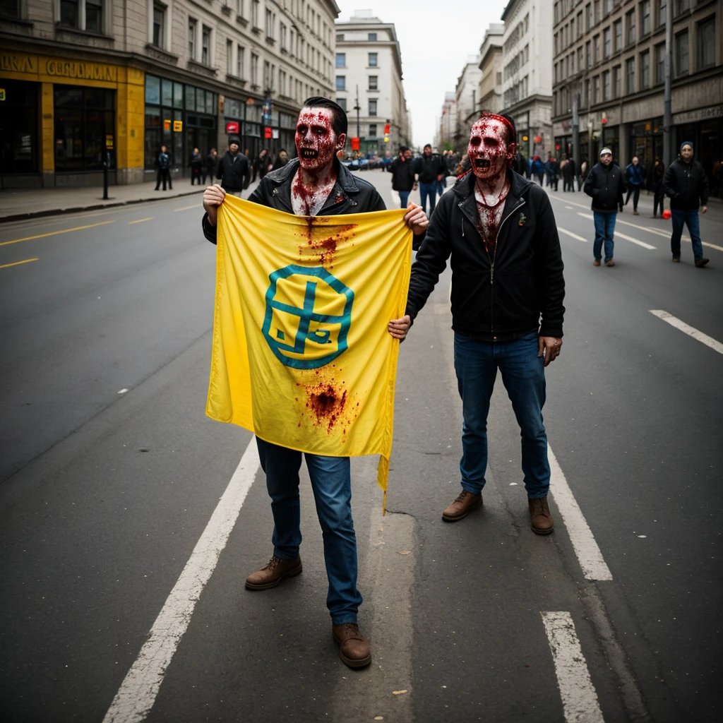 Zombie on the street with the flag of Ukraine