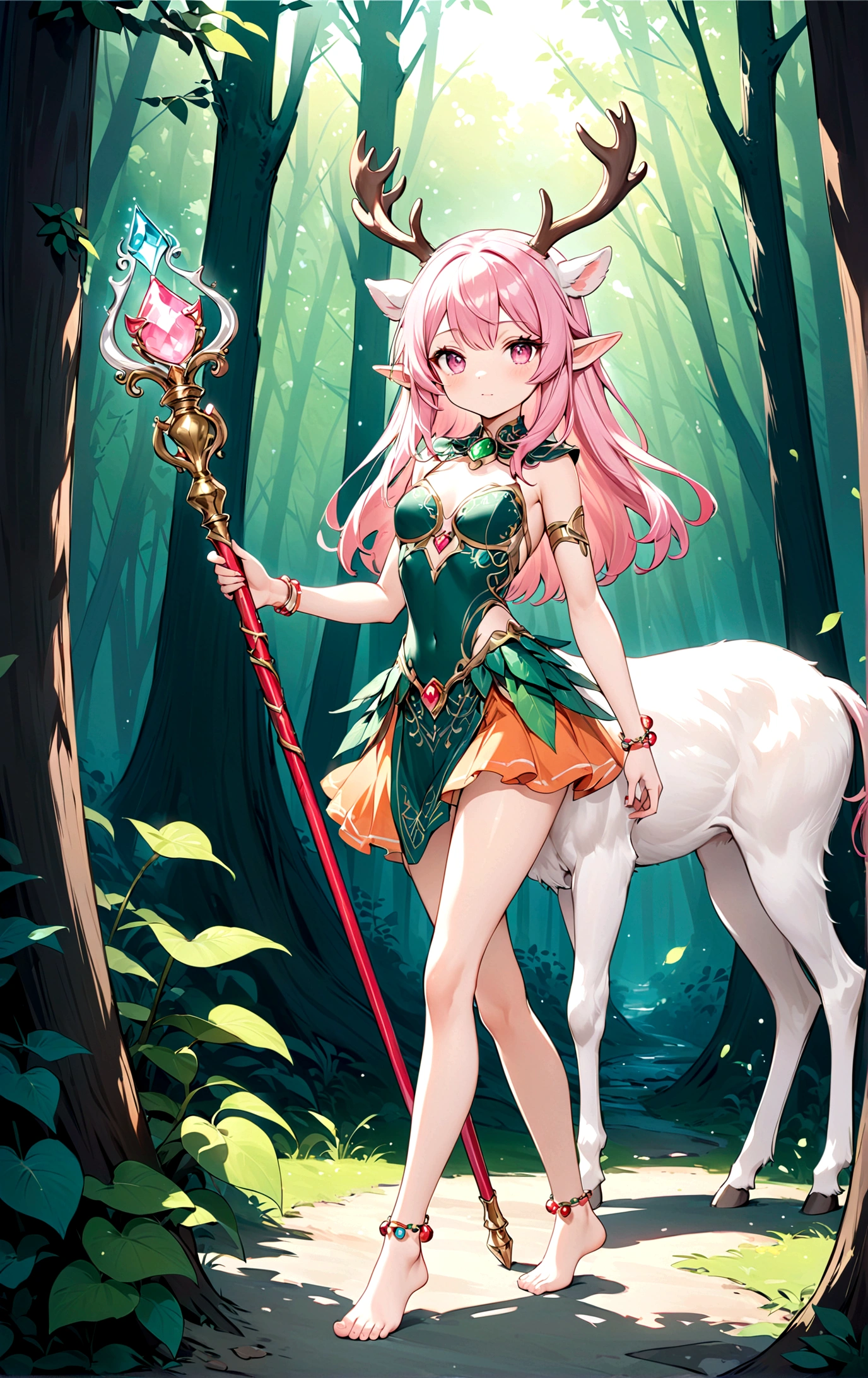 game character,Cartoon anime style,beautiful girl,Fluffy pink hair,Pink Eyes,antlers,Elf ears,Orange tulle short skirt,Metal gem-encrusted scepter glows,Slender legs,Standing barefoot,Bells on anklets。(((Correct human anatomy))),In the magic forest,A cute white deer