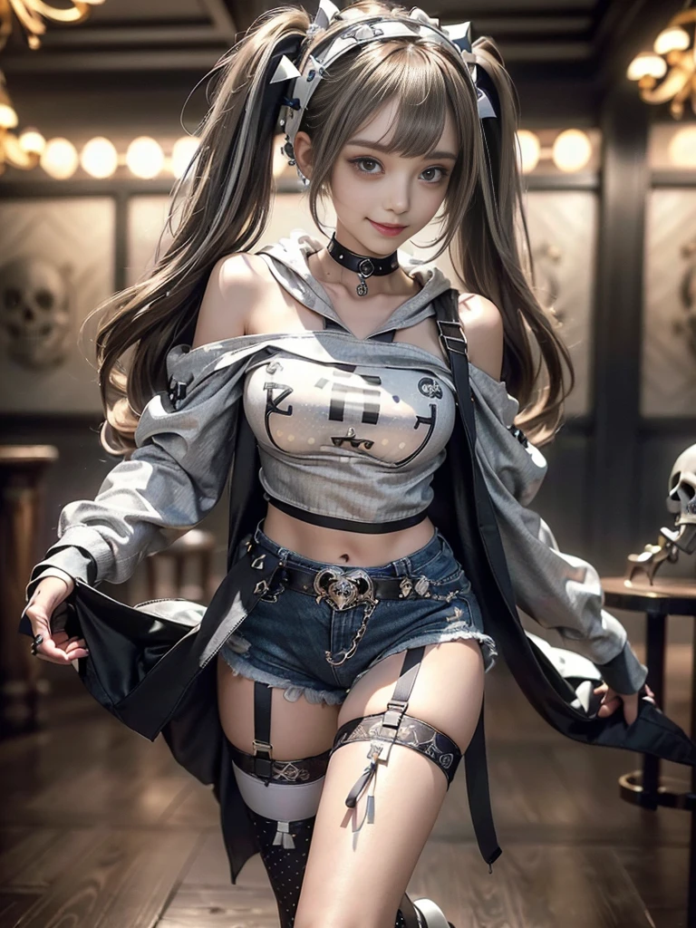 (Full Body View:1.2)、(Beautiful lips and nose:1.4)、(Side view:1.1)、(Smiling with teeth showing:1.3),(Fashion Model:1.5)、(Gothic ta delicately decorated battle uniform:1.5)、(White off-shoulder hoodie:1.5)、(Black, silver and white shorts:1.4)、(denim garter belt:1.5)、(Black and denim knee socks:1.3)、(Skull Silver Accessories:1.5)、(Lace collar:1.3)、(Brown Skin Belt:1.4)、(Brown boots:1.2)、(Underwear has polka dots:1.4)、23 years old、((Highest quality、In 8K、masterpiece:1.3))、Sharp focus:1.2、(Layered Cut、Huge boobs:1.1),Beautiful woman with perfect figure:1.4、(Dancing vigorously:1.3)、Slender Abs:1.2、Highly detailed face and skin texture、Detailed eyes、double eyelid,(Twin tails:1.3)、(Brown-golden hair:1.3)、Gravure idol、(The background is a luxurious dance hall.:1.3)、(Slim body:1.2),(Make your legs thinner:1.4),(clavicle:1.1)