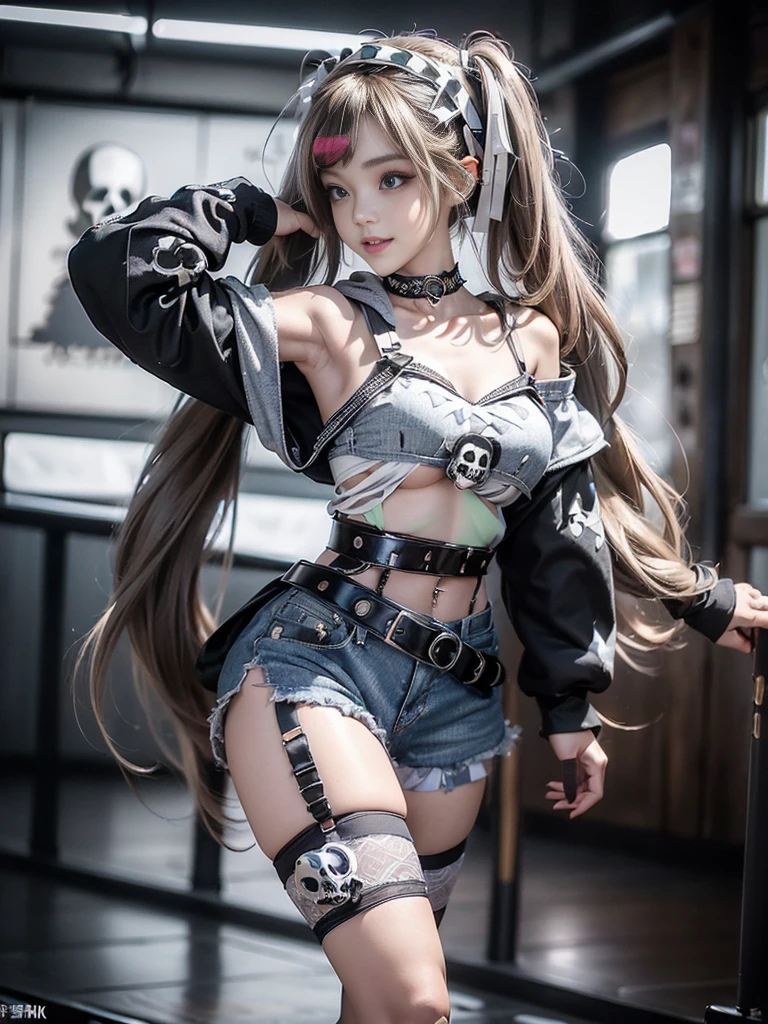 (Full Body View:1.2)、(Beautiful lips and nose:1.4)、(Side view:1.1)、(Smiling with teeth showing:1.3),(Fashion Model:1.5)、(Gothic Lolita delicately decorated battle uniform:1.5)、(White off-shoulder hoodie:1.5)、(Black, silver and white shorts:1.4)、(denim garter belt:1.5)、(Black and denim knee socks:1.3)、(Skull Silver Accessories:1.5)、(Lace collar:1.3)、(Brown Skin Belt:1.4)、(Brown boots:1.2)、(Underwear has polka dots:1.4)、23 years old、((Highest quality、In 8K、masterpiece:1.3))、Sharp focus:1.2、(Layered Cut、Huge boobs:1.1),Beautiful woman with perfect figure:1.4、(Dancing vigorously:1.3)、Slender Abs:1.2、Highly detailed face and skin texture、Detailed eyes、double eyelid,(Twin tails:1.3)、(Brown-golden hair:1.3)、Gravure idol、(The background is a luxurious dance hall.:1.3)、(Slim body:1.2),(Make your legs thinner:1.4),(clavicle:1.1)