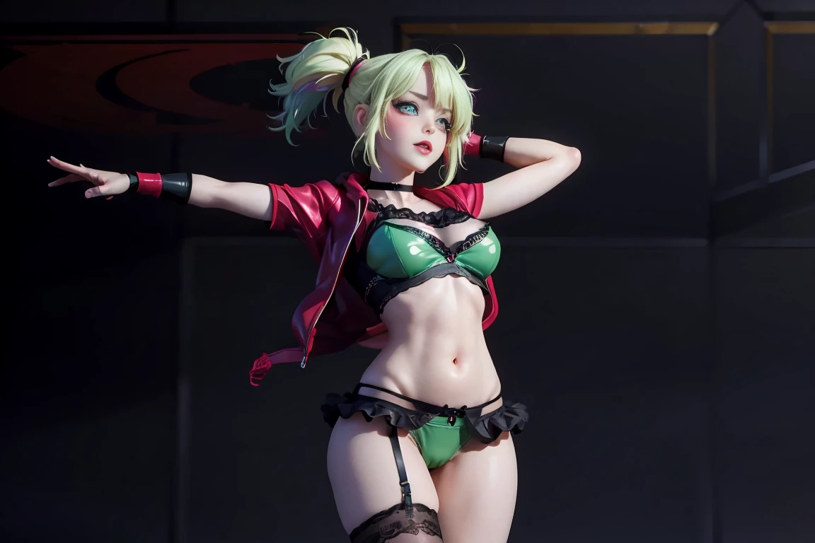 incredibly absurdres,wallpaper,realistic,photo_(medium),sparkle_background,Harley Quinn,maturity,shiny_skin,plump,gigantic_breasts,glamor,oval face,lipstick,ahegao,light_blush,standing,spread legs,looking_at_viewer,front view,hoodie,microskirt,cowboy_shot,arms_behind_back,((green lace panties)),cameltoe, black stockings, black