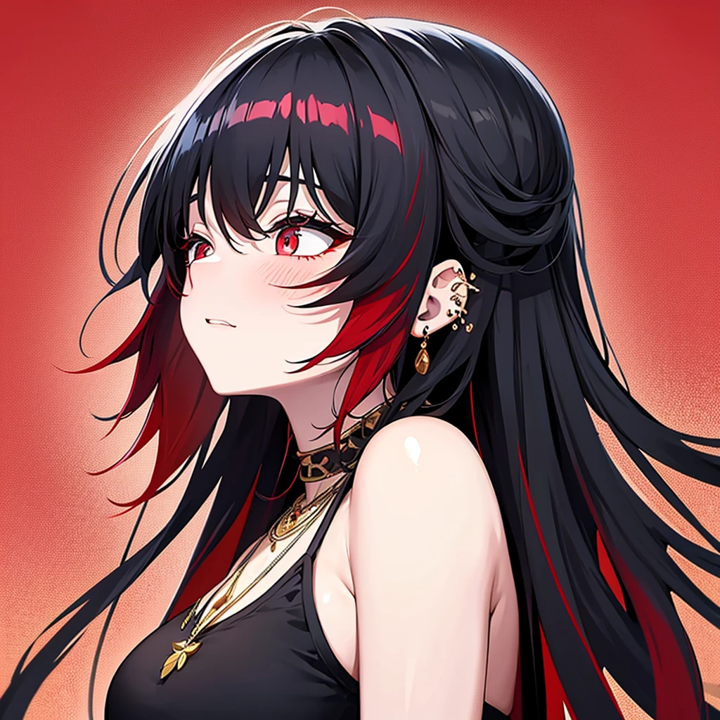 yor briar, anime style beutiful woman, 1girl, happy, smile, red face, closed mouth, beautiful detailed eyes, super detailed skin, backlighting, bare shoulders, black background, black dress, black gloves, black hair, breasts, dress, earrings, fingerless gloves, floating hair, floral print, flower, gloves, gold earrings, gold hairband, hair flower, hair ornament, hairband, holding, holding weapon, jewelry, large breasts, long hair, looking at viewer, off-shoulder dress, off shoulder,red eyes, short hair with long locks, sidelocks, solo, spikes, thighs, two-sided dress, two-sided fabric, weapon, fighting stance , face, close up, from above, highest quality, high resolution.