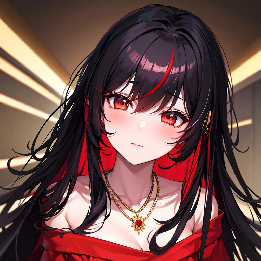 anime panel,upper body, 1girl,solo Korean, long black curly hair with red highlights, red slanted eyes, casual clothes, ear piercing, necklace, hair illuminated by party lights, party background, long chic dress,very surprise expression,closed eyes,blushing