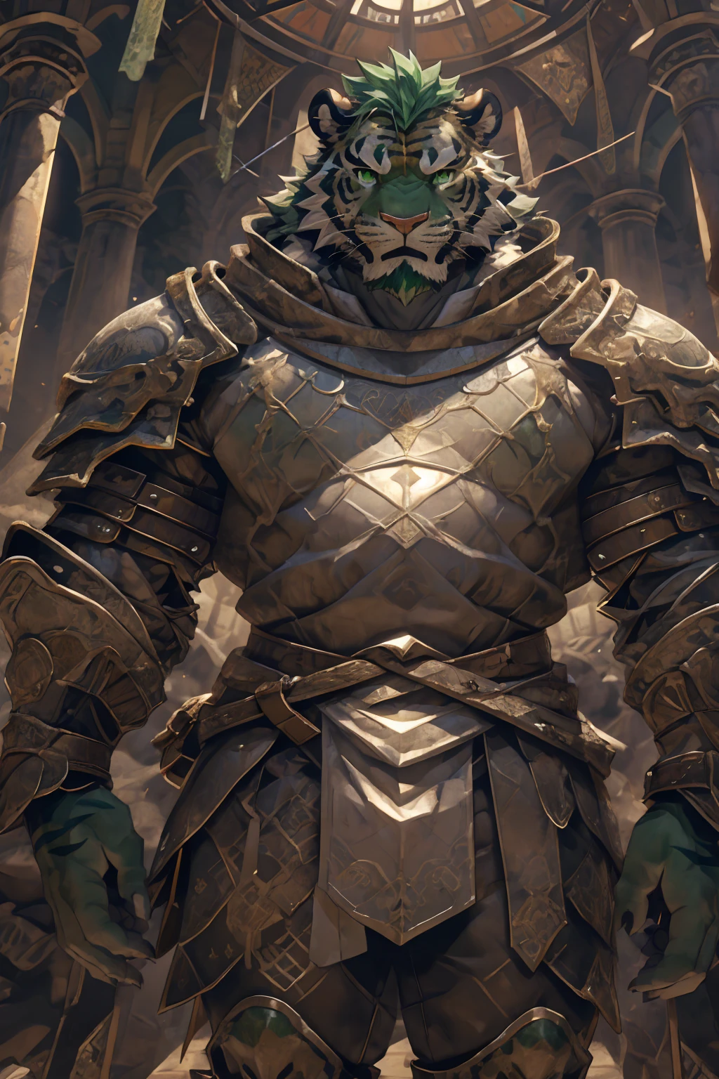 (淡翠色tiger),(Medieval War Armor:1.2),(Medieval Armor:1.3),Holding a spear,Awesome posture,Standing proudly and confidently,(The background is an endless sea:1.2),Abdominal muscles,Heroic飒爽,完美的masterpiece,Various facial details,Close-up view,specific description,masterpiece,cg,(Pale green eyes),Light green pattern,Light green tail,Military commander,Heroic,tiger,Emerald fur,Detailed facial details,Half Body,,(Long feather),((middle aged)),(Face Focus),(16K),HD,Green and white belly,temple,beard,(Face lines),Heterochromia,(Emerald green battle robe),(Emerald green hair),Strong,muscle,(high resolution:1.3),Weeds underfoot