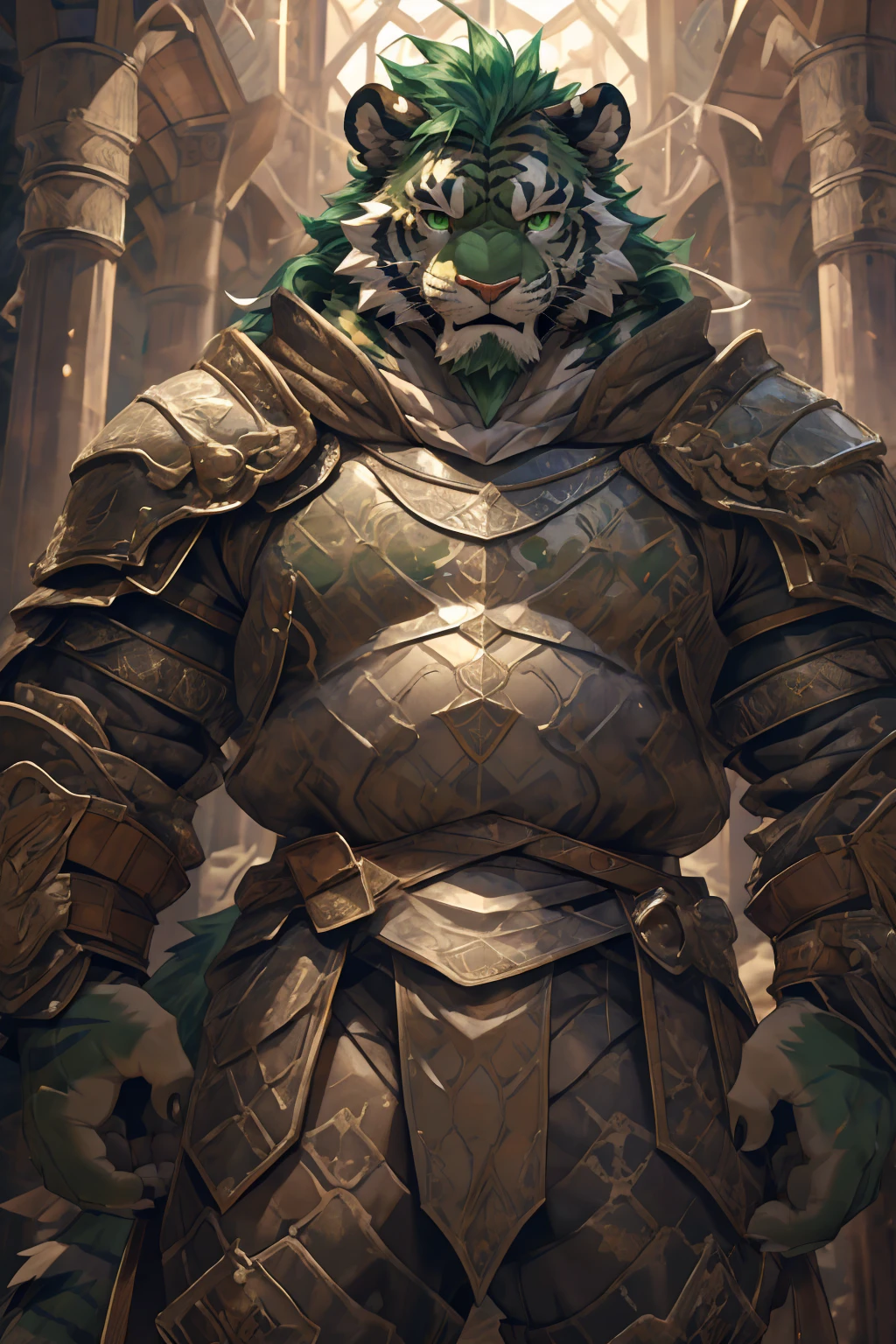 (淡翠色tiger),(Medieval War Armor:1.2),(Medieval Armor:1.3),Holding a spear,Awesome posture,Standing proudly and confidently,(The background is an endless sea:1.2),Abdominal muscles,Heroic飒爽,完美的masterpiece,Various facial details,Close-up view,specific description,masterpiece,cg,(Pale green eyes),Light green pattern,Light green tail,Military commander,Heroic,tiger,Emerald fur,Detailed facial details,Half Body,,(Long feather),((middle aged)),(Face Focus),(16K),HD,Green and white belly,temple,beard,(Face lines),Heterochromia,(Emerald green battle robe),(Emerald green hair),Strong,muscle,(high resolution:1.3),Weeds underfoot