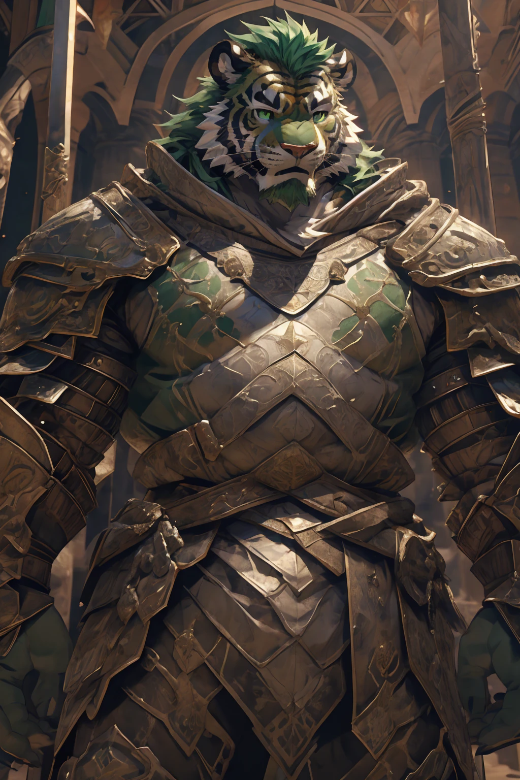 (淡翠色tiger),(Medieval War Armor:1.2),(Medieval Armor:1.3),Holding a spear,Awesome posture,Standing proudly and confidently,(The background is an endless sea:1.2),Abdominal muscles,Heroic飒爽,完美的masterpiece,Various facial details,Close-up view,specific description,masterpiece,cg,(Pale green eyes),Light green pattern,Light green tail,Military commander,Heroic,tiger,Emerald fur,Detailed facial details,Half Body,,(Long feather),((middle aged)),(Face Focus),(16K),HD,Green and white belly,temple,beard,(Face lines),Heterochromia,(Emerald green battle robe),(Emerald green hair),Strong,muscle,(high resolution:1.3),Weeds underfoot