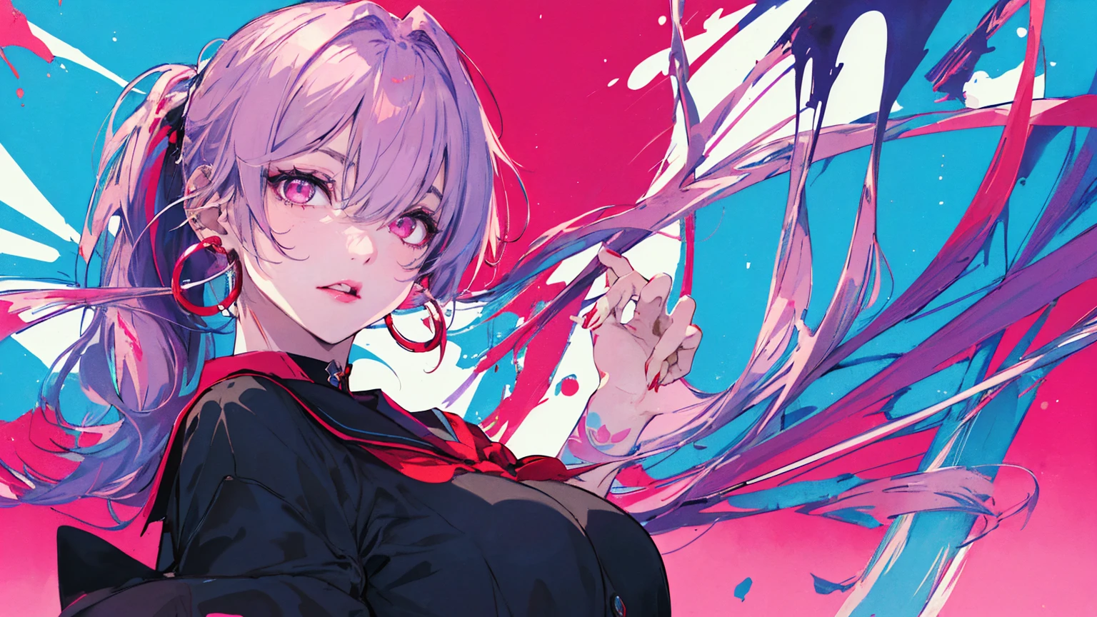 hair above one eye, Purple eyes, Clear Eyes, choker, Neon Shirt, torn legwear, open jacket、Blue pubic hair catches my eye,Bright red background、Red background, graffiti, Shineing grafiti, Shineing tattoos, Shine, Neon Light, Black light,Anime Style, movie portrait photography, 1 female, 22 years ago, Whole Body Ezbian,Big and ample breasts, anger, (Scarlet Hair), Long Hair, Purple eyes, wearing a short black dress, (Natural skin texture vivid details, Surreal, (Realistic eyes, Natural skin texture, Realistic facial details), Soft and dramatic lighting, Written boundary depth, Bokeh, vivid details, Surreal, 35mm movie, Absent-minded, movie,lipstick, ear piercing, eye shadow, Hoop Earrings, red pink lips, multicolored red eyes, Red background,Beautiful Eyes,Bold Pose、Strike a Pose,upper ponytail,drooping bangs,Droopy eyes、((school uniform))、high school girl