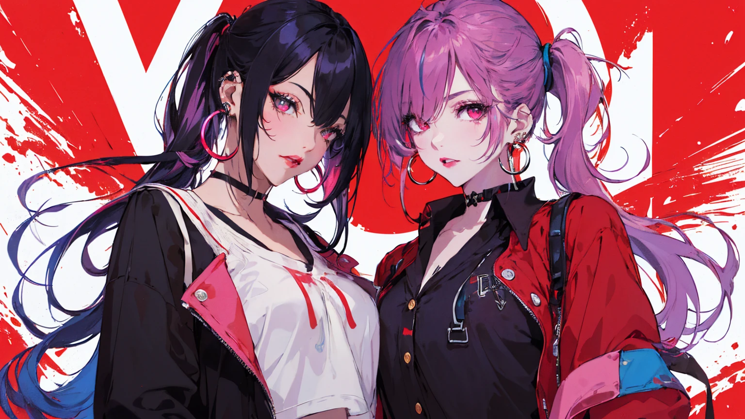 hair above one eye, Purple eyes, Clear Eyes, choker, Neon Shirt, torn legwear, open jacket、Blue pubic hair catches my eye,Bright red background、Red background, graffiti, Shineing grafiti, Shineing tattoos, Shine, Neon Light, Black light,Anime Style, movie portrait photography, 1 female, 22 years ago, Whole Body Ezbian,Big and ample breasts, anger, (Scarlet Hair), Long Hair, Purple eyes, wearing a short black dress, (Natural skin texture vivid details, Surreal, (Realistic eyes, Natural skin texture, Realistic facial details), Soft and dramatic lighting, Written boundary depth, Bokeh, vivid details, Surreal, 35mm movie, Absent-minded, movie,lipstick, ear piercing, eye shadow, Hoop Earrings, red pink lips, multicolored red eyes, Red background,Beautiful Eyes,Bold Pose、Strike a Pose,upper ponytail,drooping bangs,Droopy eyes、((school uniform))、high school girl
