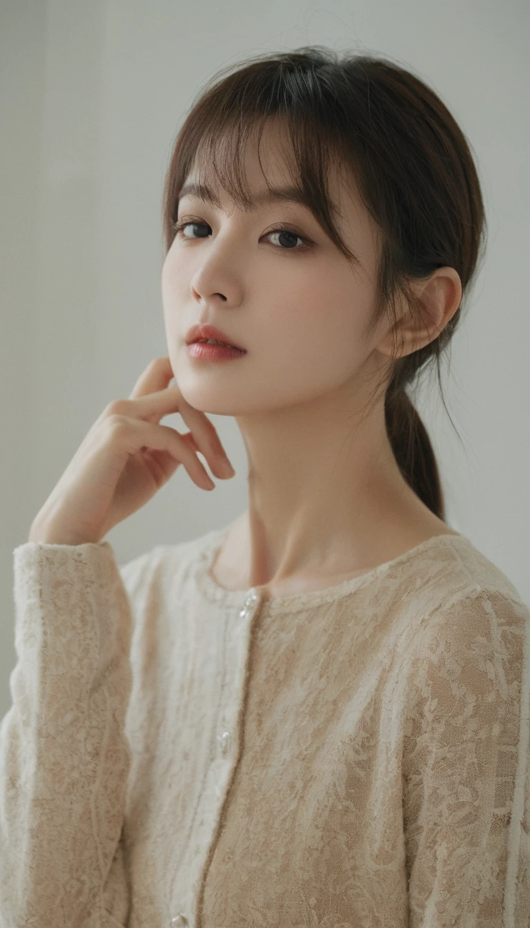 (((simple composition)))、(((The background is a white wall:1.2)))、one girl、perfect anatomy、painterly、sketch、very delicate、wall with cloud-like pattern、、Floral、delicate depiction、Abstract、overall light color、gentle color、Taisho romance、(masterpiece、highest quality、highest quality、official art、beautiful beautiful:1.2)、