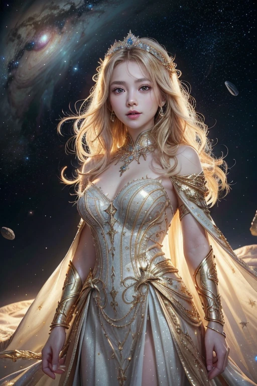 (masterpiece、Highest quality、High resolution、8K、16K)、((Alone in space、Beautiful Goddess、Standing posture、フローティング  the sky like a star))、((whole body))、Golden Cape、White long dress、No sleeve、Adorned with vibrant jewels、Gold Bracelet、Blonde middle、Beautiful brown eyes、A kind smile、Mouth closed、Elegant and detailed face、Graceful operation、Place one hand under your chest、Professional Lighting、The universe is full of light、Countless stars and nebulae、