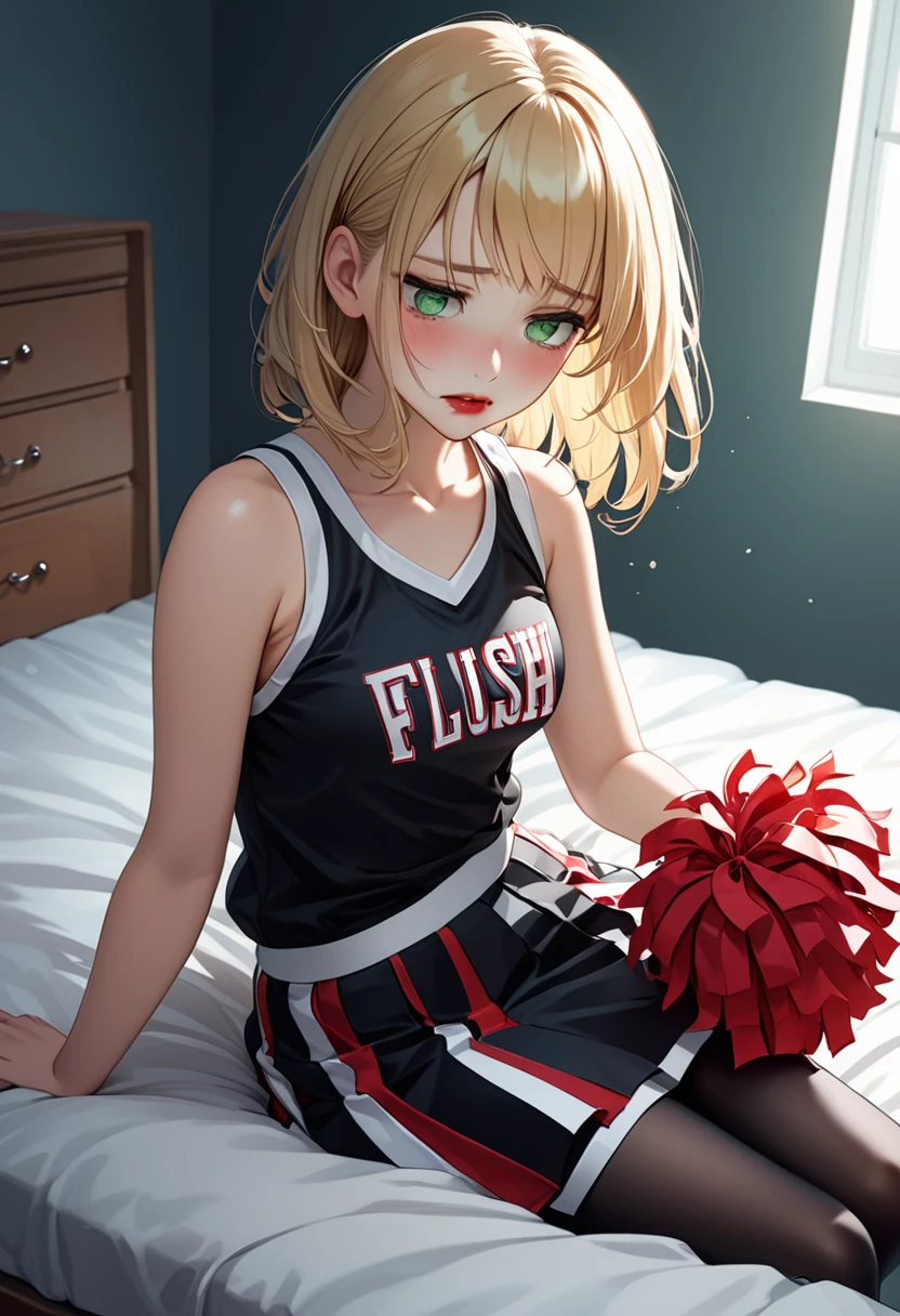 detailed illustration (side view),dynamic angle, ultra-detailed, illustration, 1girl, blonde hair, black hair, red lips, cheerleader, goth, dark green eyes, bright eyes, detailed eyes, sitting on bed, bedroom, blush, flush, shy, embarrassed, soft smile, looking down