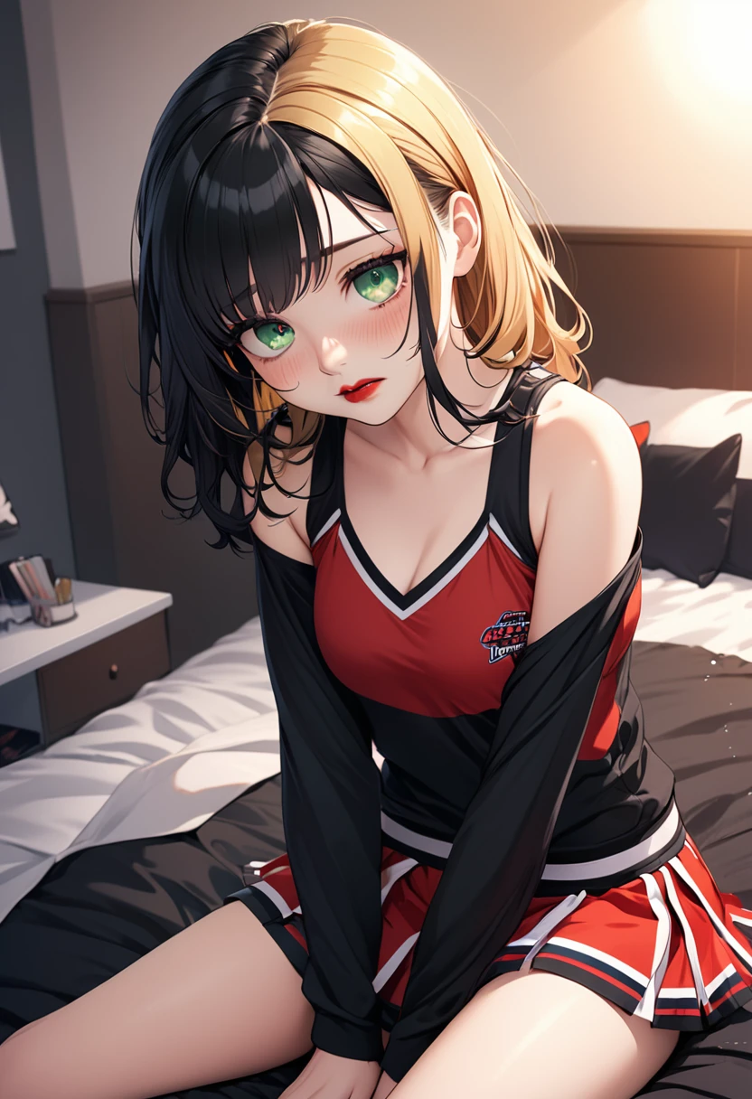 detailed illustration (side view),dynamic angle, ultra-detailed, illustration, 1girl, blonde hair, black hair, red lips, cheerleader, goth, dark green eyes, bright eyes, detailed eyes, sitting on bed, bedroom, blush, flush, shy, embarrassed, soft smile, looking down