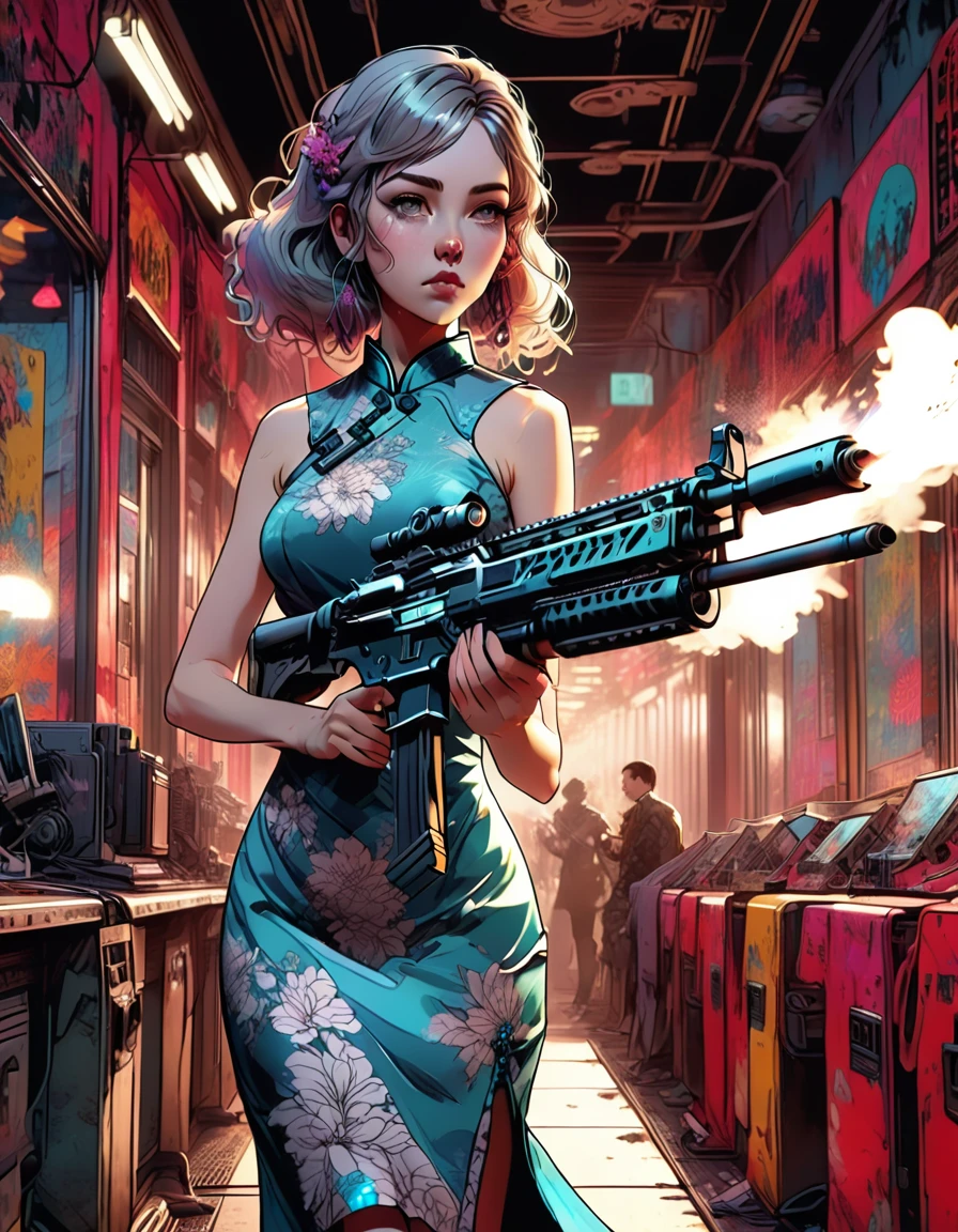 Young beautiful woman_Focused，Big breasts_Big Ass_Robot with long flowing hair((Tight cheongsam dress:1.9))，(assault rifle high speed shooting:1.7)，(motion blur effect:1.5)，Chaos in the casino，crazy，destroy，(Best quality，4K，8K，high resolution，masterpiece:1.2)，Ultra Detailed，(reality，reality感，reality感:1.37)，Detailed facial features，Intricate clothing patterns，Striking pose，Dramatic lighting，Film composition，Vibrant colors，And the dystopian atmosphere，