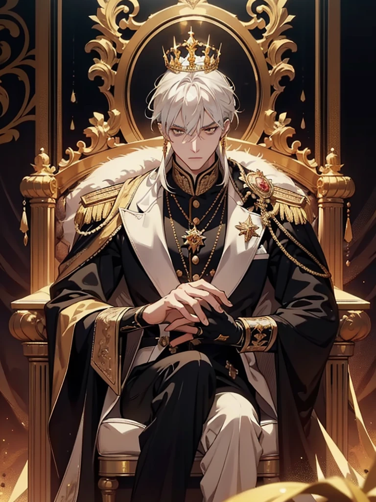 A white-haired, golden-eyed prince sits on a majestic throne inside an abandoned palace with crown. The environment around him is dark and gloomy, with cracks in the walls and cobwebs hanging there. The throne is ornate, with details in gold and precious stones, and is covered by a dusty cloth. The protagonist is wearing royal clothing, with a determined expression on his face, as he stares at the horizon with glowing golden eyes, masterpiece, best quality, ultra-detailed, illustration, 8k resolution concept art, fantasy art, epic art, concept art wallpaper 4k, deep color, natural lighting. adult, handsome, tall muscular guy, broad shoulders.