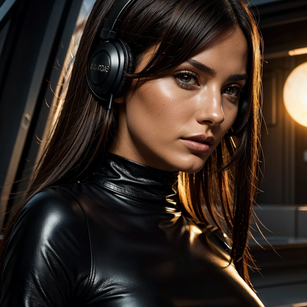 beautiful german female with tanned face, dark hazelnut eyes, with large black headphones, wearing a tight black leather shirt, very detailed eyes, intense gaze, slim nose, very thin nose and nostrils, long face, long jaw, strict face expression, long black hair with highlights, long leather gloves, luxurious black tapestry behind her in a futuristic terrace of a alien planet in the sunset hour, soft light
