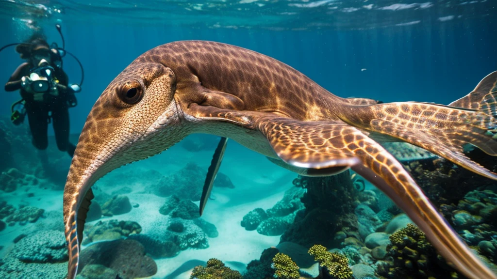 A surreal scene unfolds underwater, where an octopus with human arms instead of tentacles navigates the calm sea. Each arm has lifelike fingers and detailed skin textures, creating an eerie contrast with its natural habitat. This haunting image blurs the lines between nature and humanity in a disturbing yet imaginative way