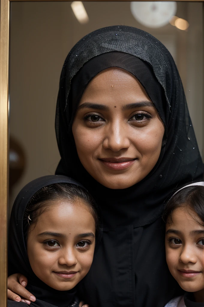 The 4D crystal frame box resembles an inscribed award "MANI FAMILY", Inside is a photo of a Muslim family, consisting of 1 husband 43 years old, 1 wife, 2 girls wear hijab, 1 boy, smile away. bokeh, 50mm lens