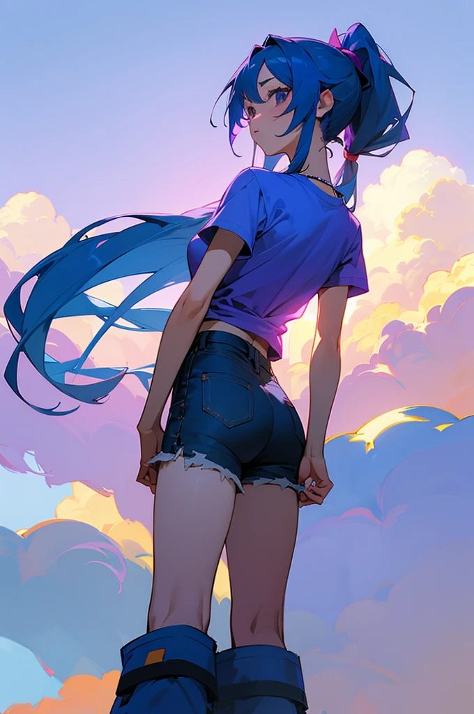 8K High Resolution、beautiful girl、Purple color、Long Hair、Blue Hair、Blue Hair、Sky blue hair、ponytail、T-Shirts、Shorts、Blue sky、summer、bright、cumulonimbus