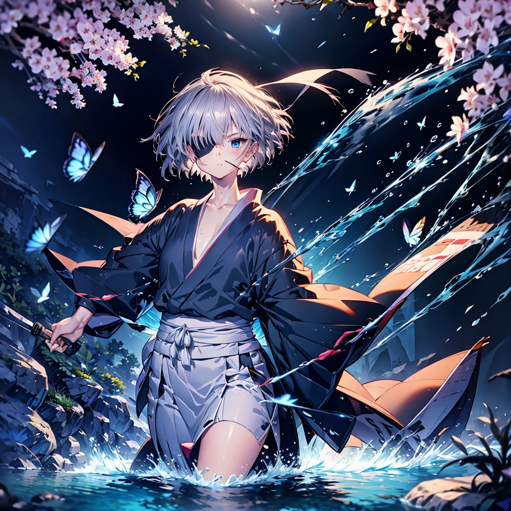 (((1 person Gray Hair))) ((((Eye patch)))) (((short hair Black kimono))) ((Shoulder Rin々Funny face Hold the sword)) ((Black Band Samurai Lonely despair blue eyes Pull camera)) ((Blue Butterfly night Japanese style old Cherry Blossom Garden water surface Catch the wind Scattering cherry blossom petals)) ((Japanese sword Two-Way Slashing Bathed in light)) ((刀のreflection Pink light reflection)) 月night moonlight star Draw your sword Shining Background Shining Edge