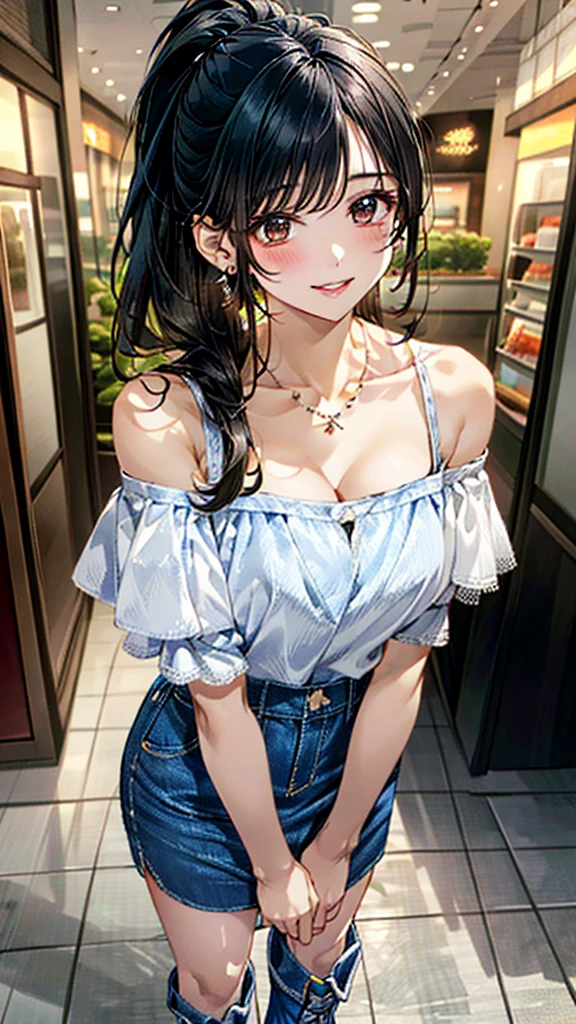 (masterpiece:1.3, Highest quality, Ultra-high resolution:1.2, Super detailed、8K), (Realistic, photoRealistic:1.4), Beautiful illustrations, Perfect lighting, colorful, Depth of written boundary, Beautiful detailed hair, Beautifully detailed face, Beautiful fine details, Droopy eyes、Beautiful clavicle, Beautiful body, 美しいLarge Breasts, Beautiful thighs, Beautiful feet, Beautiful fingers, View Viewer、Front view:0.6, Beauty1人, Japanese, Beauty、30 years old, Perfect Face, (Perfect Anatomy, Anatomically correct), Cute and symmetrical face, , , Shiny skin,(White off-the-shoulder blouse:1.4), (Long denim skirt:1.5) 、(boots:1.3)、(Black Hair, ponytail:1.4), braided bangs、Dark brown eyes, (Large Breasts, Slim body), necklace, Small earrings:1.1, (Beautiful views), (noon), Shopping mall、Are standing、 A soft smile、(Smile, Lips parted),