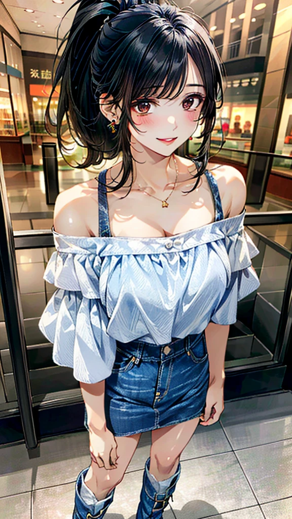 (masterpiece:1.3, Highest quality, Ultra-high resolution:1.2, Super detailed、8K), (Realistic, photoRealistic:1.4), Beautiful illustrations, Perfect lighting, colorful, Depth of written boundary, Beautiful detailed hair, Beautifully detailed face, Beautiful fine details, Droopy eyes、Beautiful clavicle, Beautiful body, 美しいLarge Breasts, Beautiful thighs, Beautiful feet, Beautiful fingers, View Viewer、Front view:0.6, Beauty1人, Japanese, Beauty、30 years old, Perfect Face, (Perfect Anatomy, Anatomically correct), Cute and symmetrical face, , , Shiny skin,(White off-the-shoulder blouse:1.4), (Long denim skirt:1.5) 、(boots:1.3)、(Black Hair, ponytail:1.4), braided bangs、Dark brown eyes, (Large Breasts, Slim body), necklace, Small earrings:1.1, (Beautiful views), (noon), Shopping mall、Are standing、 A soft smile、(Smile, Lips parted),