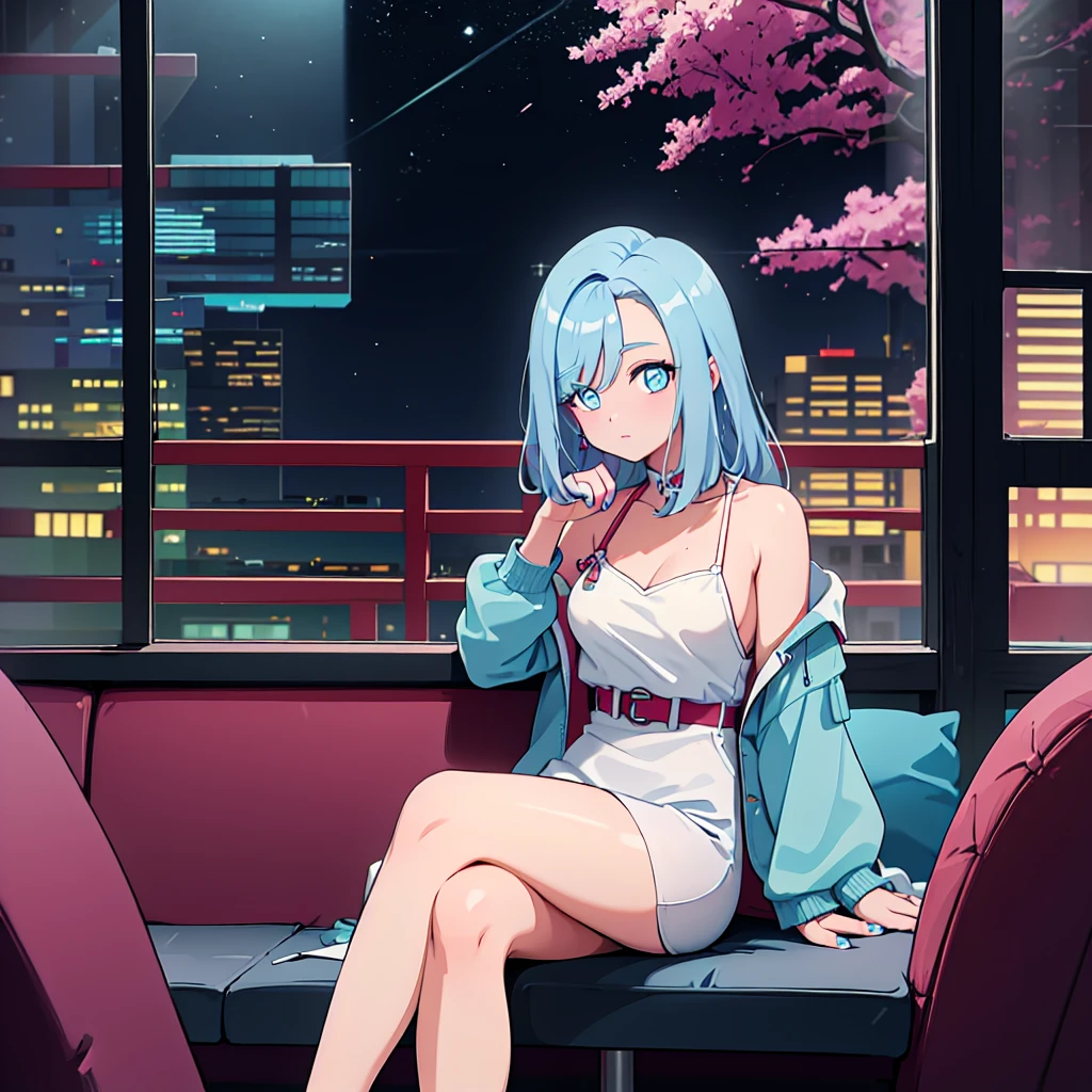 (masterpiece), Highest quality, Expressive eyes, Neon pastel aesthetics, Retro 90s, Neon color,((Girl sitting on sofa,In a cozy room,Records hanging on her wall, Comic books on the floor, Looking out the window behind her at the night city, Upholstered room, Anime figures lined up on a shelf)), Wearing headphones, (All around her it sparkles), (wearing thick colorful sneakers), (blue eyes), (Soft look), (Synthwave Art Style), Colorful Hair, Desk with PC set up