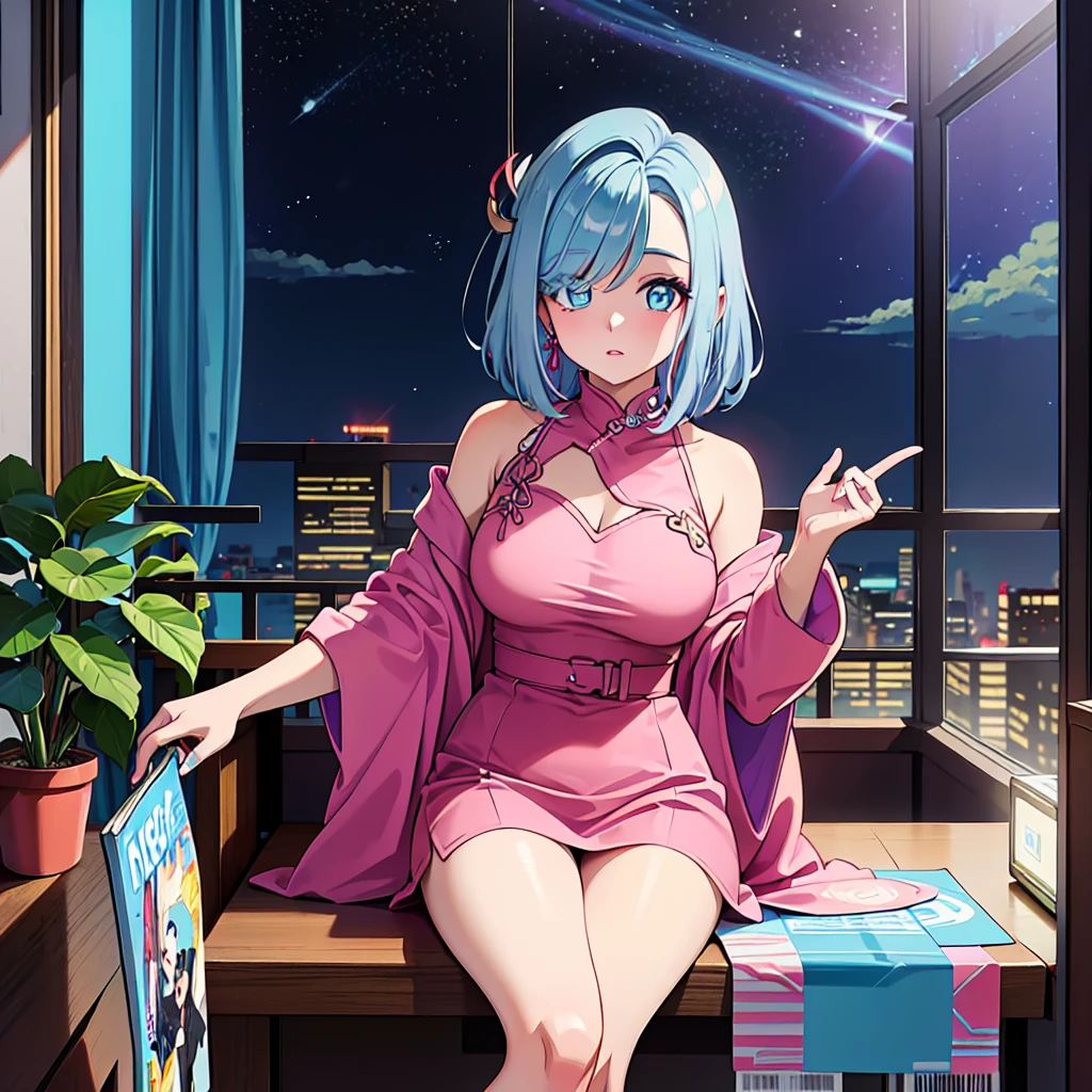 (masterpiece), Highest quality, Expressive eyes, Neon pastel aesthetics, Retro 90s, Neon color,((Girl sitting on sofa,In a cozy room,Records hanging on her wall, Comic books on the floor, Looking out the window behind her at the night city, Upholstered room, Anime figures lined up on a shelf)), Wearing headphones, (All around her it sparkles), (wearing thick colorful sneakers), (blue eyes), (Soft look), (Synthwave Art Style), Colorful Hair, Desk with PC set up