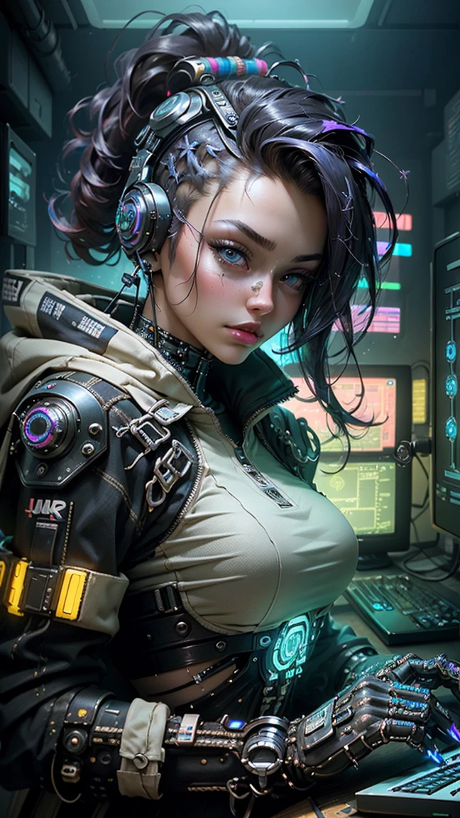 ((Highest quality)), ((masterpiece)), (Very detailed:1.3), 3d, beautiful (cyber punk:1.3) Work with computer terminals、Hacker woman with voluminous hair