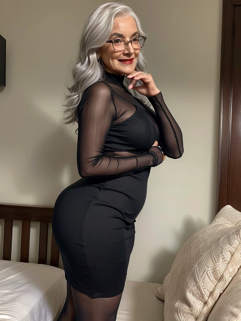 Mature old woman 80 years with silver hair, plus size, old face and body with many wrinkles, smiling, loose skin, standing at bedroom posing for photo, She wearing tight black bodycon dress, large neckline and lace stockings. jaw dropping mature older beauty, old face and body with wrinkles, legs are visible, old face, bright makeup, red lips, attractive grandma, a gorgeous old hair, beautiful old grandma, lovely older mature grandma, gorgeous beautiful grandma over 80 years old, beautiful silver hair grandma, beautiful detailed body and face, a beautiful old granny, she posing showing her ass, she showing her ass to the viewer, she posing showing her ass