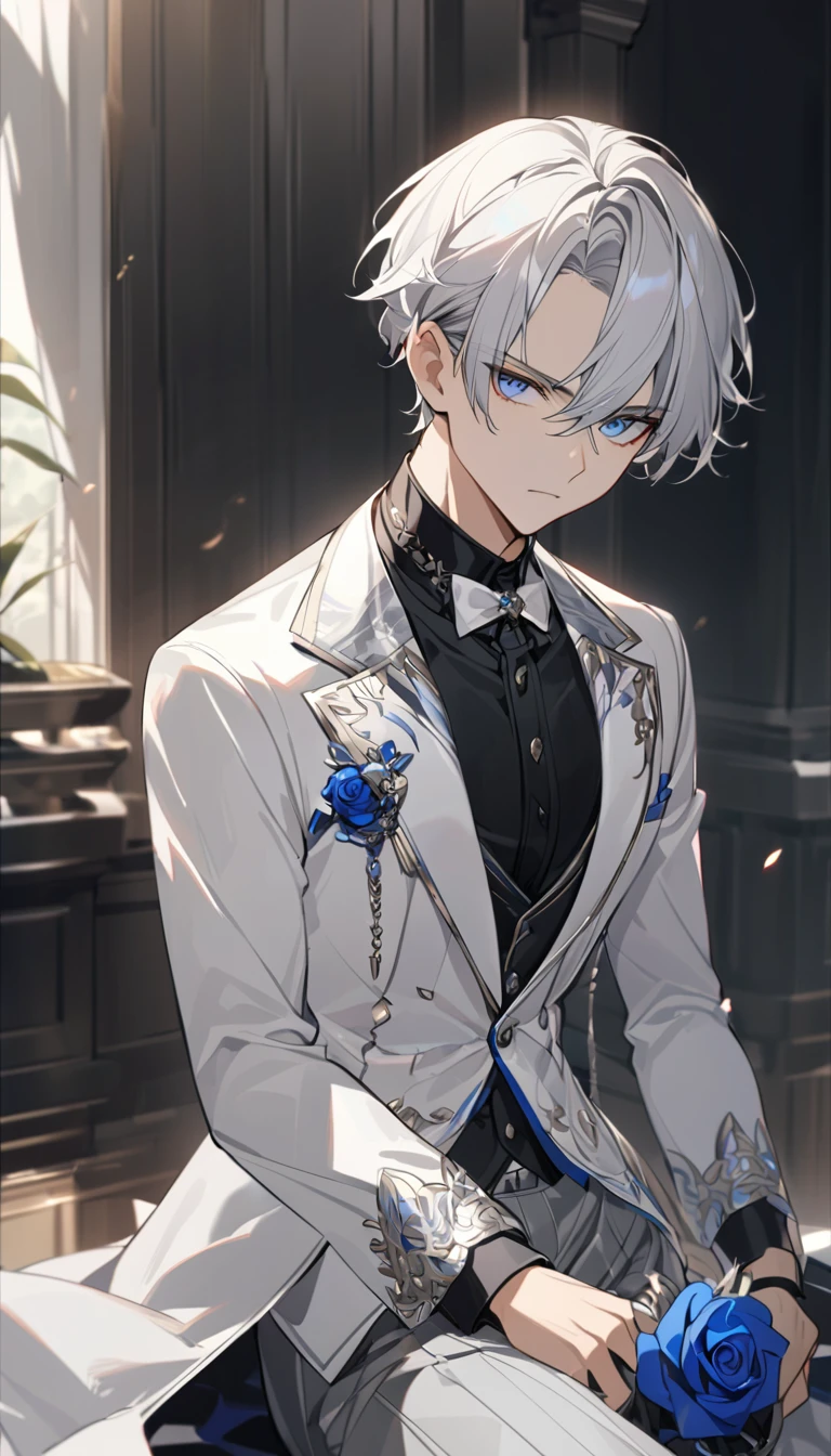 Handsome，Handsome，very beautiful，1 little boy，alone，white short hair，blue eyes，black shirt，Luxurious white blazer，Gray short suit pants，black garters，((blue Rose))，White satin ribbon clothing decoration，Exquisite clothing details，calm expression，Serious，Holy
