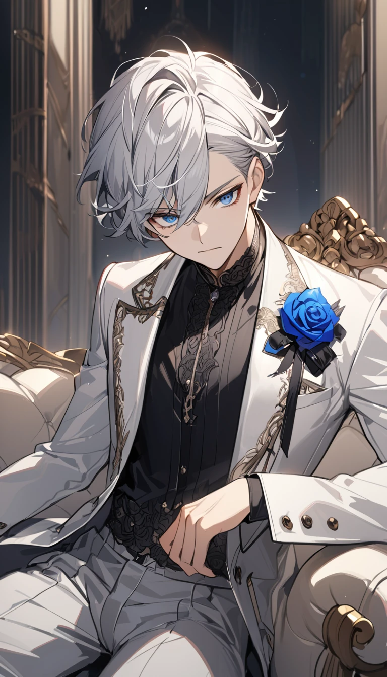 Handsome,Handsome,very beautiful,1 ,alone,white short hair,blue eyes,black shirt,Luxurious white blazer,Gray short suit pants,black garters,((blue Rose)),White satin ribbon clothing decoration,Exquisite clothing details,calm expression,Serious,Holy
