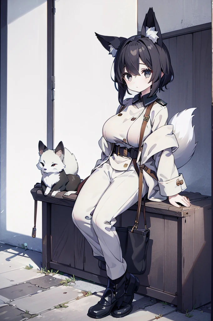 Highest quality, 1girl, solo, black hair, black eyes, pale skin, light gray uniform, large breasts, fox ears, fox tail, pants