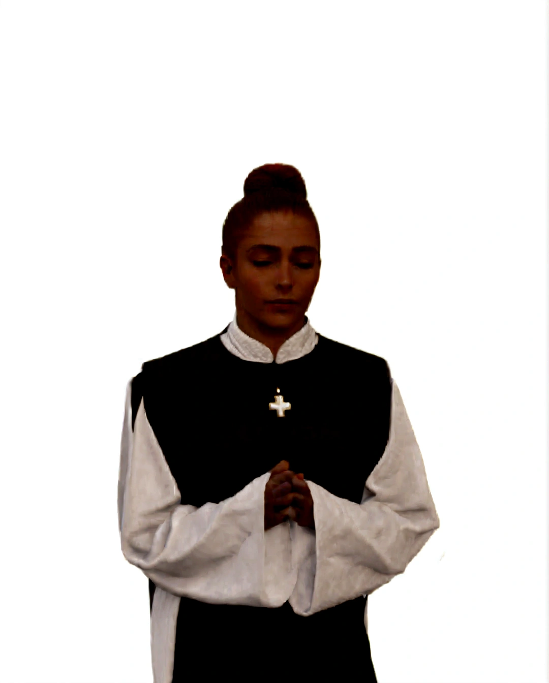 (best quality,ultra-detailed,realistic:1.37),3D rendering,illustration,Disney character design with 16 years old brown skin, serene and calm face, dark brown eyes, with wavy hair, red bun. wearing a white and black robe like that of a nun. A delicate cross laying.