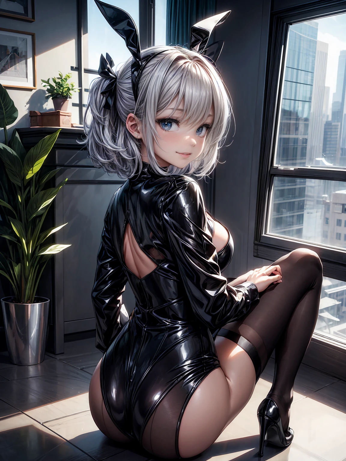 Highest quality、8K、(Bunny girl)、Plain black stockings、High heels、Black enamel bunny suit、View Viewer、Angle from the back、W-Sitting、smile、Futuristic Living Room、indirect lighting、Room with houseplants、From the window you can see the valley between the city buildings、Night view、Silver short hair、Beautiful eyes、Beautiful Face、Delicate eyes
