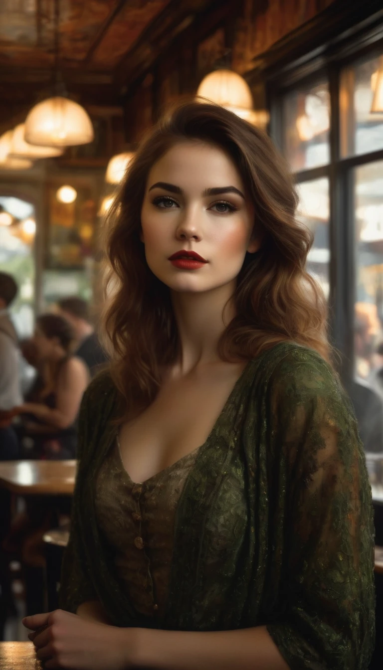 A stunning young Irish adorable woman, standing in the cafe corner with elegantly, digital art by Casey Baugh and Neal Adam, detail face (lip and eyes) by Armstrong and Jay Anacleto, atmospheric by by Andy Kehoe