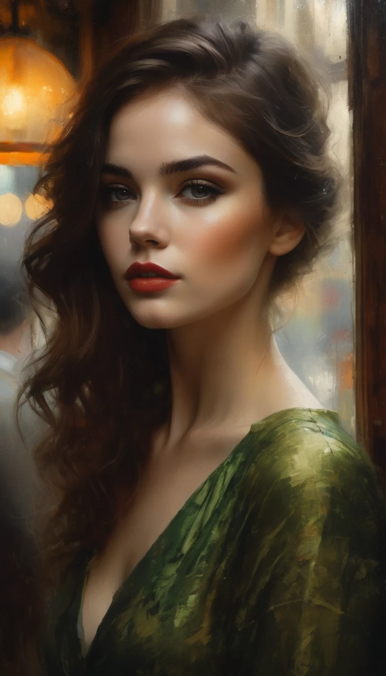 A stunning young Irish adorable woman, standing in the cafe corner with elegantly, digital art by Casey Baugh and Neal Adam, detail face (lip and eyes) by Armstrong and Jay Anacleto, atmospheric by by Andy Kehoe