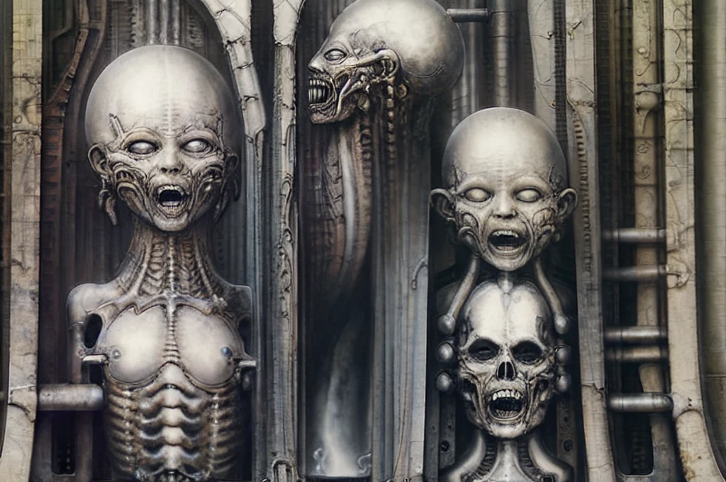 Giger_style, Create biomechanical tableau with some of the artistic techniques and compositional features used in /“The Tourist/” by H r (Hans Rudie) Giger:
The image is a surrealistic artwork featuring an alien robotics humanoid figures, each with a unique design, surrounded with pipes and gears, set against a background of intricate machinery
The central focus of the image is a nightmarish tableau of two biomechanical heads. They are connected by a network of pipes and tubes that appear to be either feeding them or draining them. The heads themselves are elongated and skeletal, with gaping maws. Their eyes are empty sockets, and their expressions are vacant and emotionless.
Heads are humanoid but industrial and ivorysh, with pipes and wires integrated throughout their structure. One face appears to be screaming, the other has its mouth open like a maw. They are surrounded by various mechanical doodads and tubes, and blend seamlessly into the background of industrial machinery.The biomechanical heads could have represented some kind of alien creatures, or they could have been machines that had become sentient
Used Airbrushing is a technique for applying paint using a device that sprays a fine mist. It is often used to create smooth, even coats of paint, and it can be used to create very detailed effects. Giger's use of airbrushing in this image creates a hyperrealistic quality to the biomechanical landscape, making it appear even more alien and unsettling. It is also often used to create very smooth and even gradients of color.
The use of a dark palette with blacks, purplish browns, and grays creates a sense of mystery and dread. The dark colors obscure the details of the image, making it difficult for the viewer to see what they are looking at. This ambiguity adds to the unsettling nature of the work. The dark colors also help to emphasize the biomechanical elements in the painting.
The background features even more machinery, including pipes, gears, and cables.
