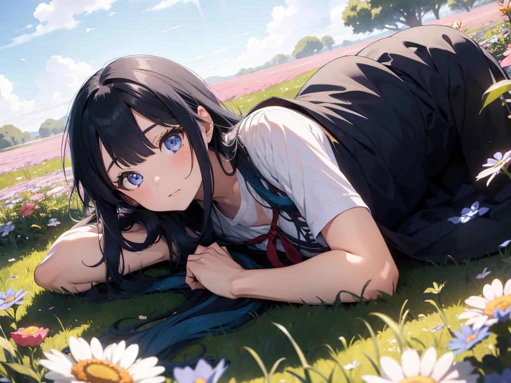 woman,long hair,blue hair,clear blue eyes,Lie on your back and look at the sky in a field of flowers.,detailed face,Detailed background